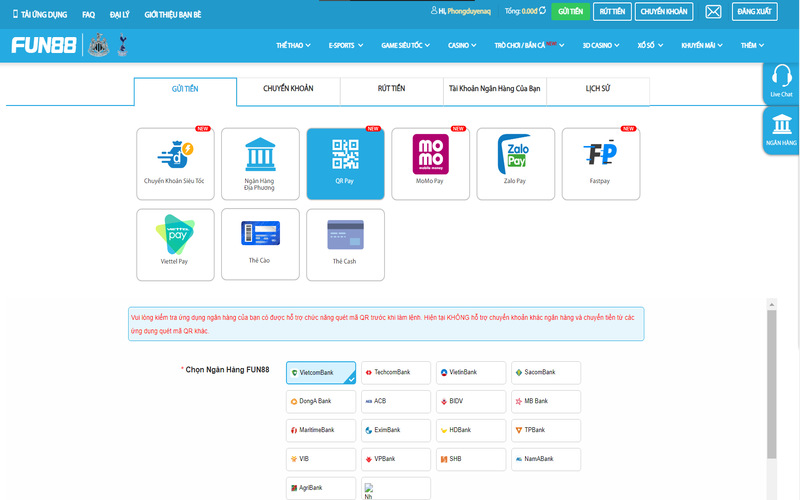 Chuyển tiền vào FUN88 qua QR Pay