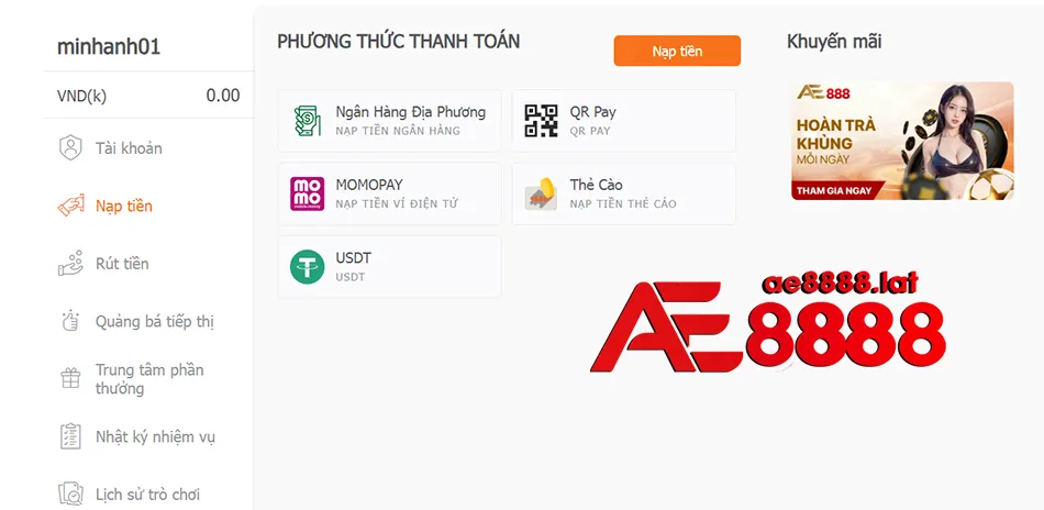 Việc Nạp và Rút tiền - An toàn và Nhanh chóng AE8888