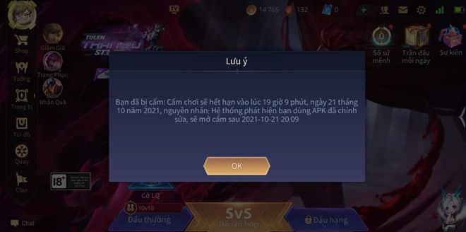 Hình ảnh ACC chơi game Liên Quân bị khoá