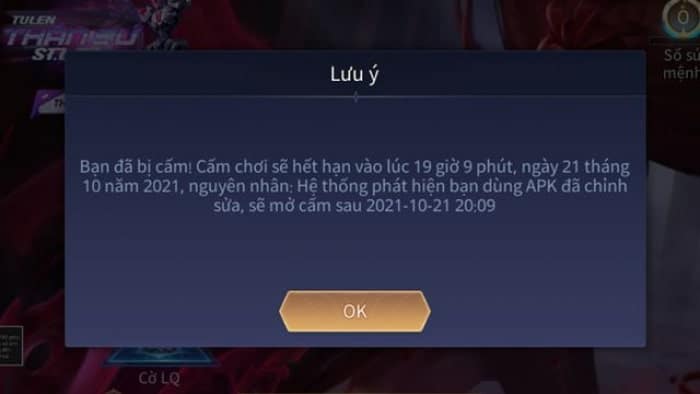 Hình ảnh ACC game Liên Quân bị khoá chơi