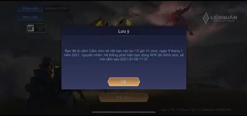 Hình ảnh nick chơi game Liên Quân bị khoá